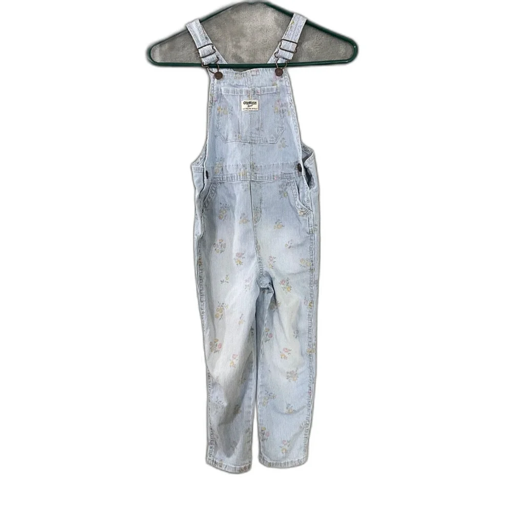 Oshkosh Floral stripes Print Denim Bib Girls Overalls Size 5T * faded pockets